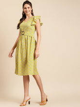 Load image into Gallery viewer, Frill sleeve printed midi dress with buckle belt