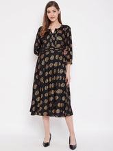 Load image into Gallery viewer, Front neck and waist tucks with baloon sleeve printed dress