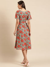 Load image into Gallery viewer, Midi Printed Dress with overlap neck and side tie