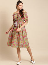 Load image into Gallery viewer, Off shoulder printed midi dress with front tie up