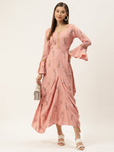 Load image into Gallery viewer, Bell sleeve printed long dress with front drape