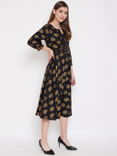 Load image into Gallery viewer, Front neck and waist tucks with baloon sleeve printed dress
