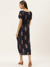 Load image into Gallery viewer, Gold Block Print Front Pleated side cowl dress