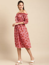 Load image into Gallery viewer, Off shoulder printed midi dress with front tie up