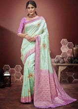 Load image into Gallery viewer, Light Green Zari Woven Silk Saree with Contrast Pallu &amp; Border