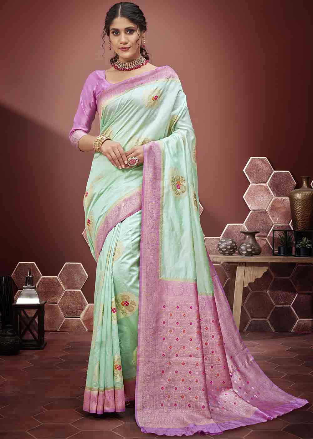 Light Green Zari Woven Silk Saree with Contrast Pallu & Border