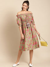 Load image into Gallery viewer, Off shoulder printed midi dress with front tie up