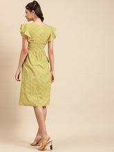 Load image into Gallery viewer, Frill sleeve printed midi dress with buckle belt