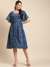 Load image into Gallery viewer, Cape sleeve printed midi dress with waist tie up