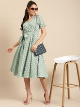 Load image into Gallery viewer, Midi Printed Dress with overlap neck and side tie